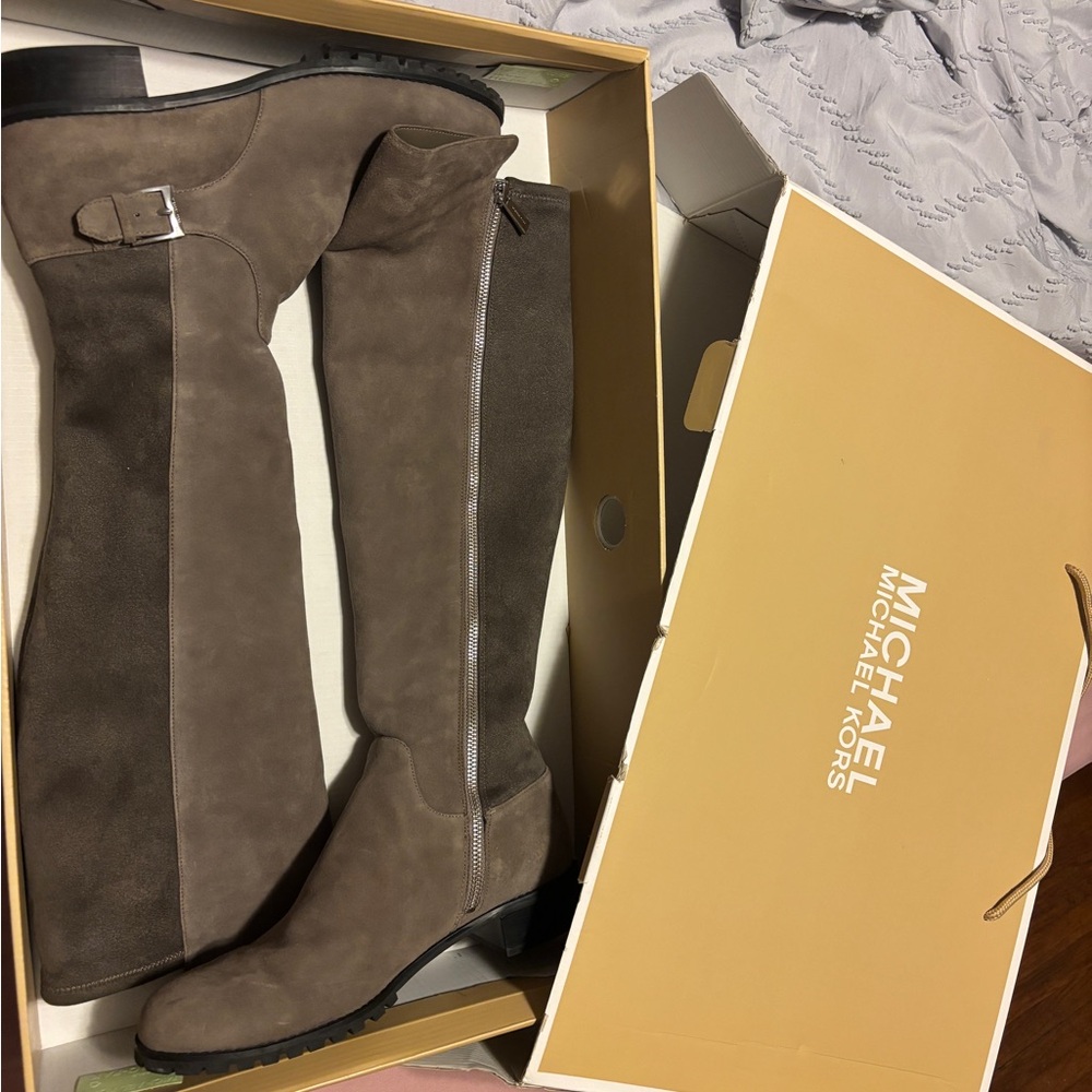 Michael Kors Taupe Suede Knee-High Boots with Side Zip